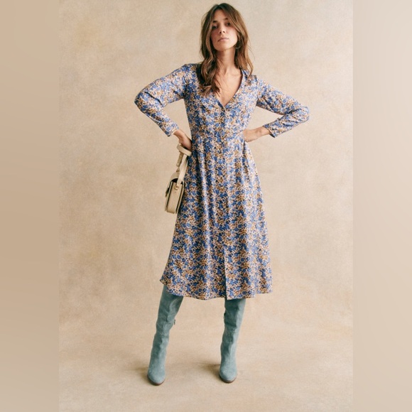 Sezane VICTORIANA DRESS BLUE FLORAL Long Sleeve Midi Size 34 Size 2 NWT